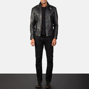 Close-Up Detail of Classic Collar & Heavy-Duty Zipper Hardware on Men's Darren Black Leather Biker Jacket