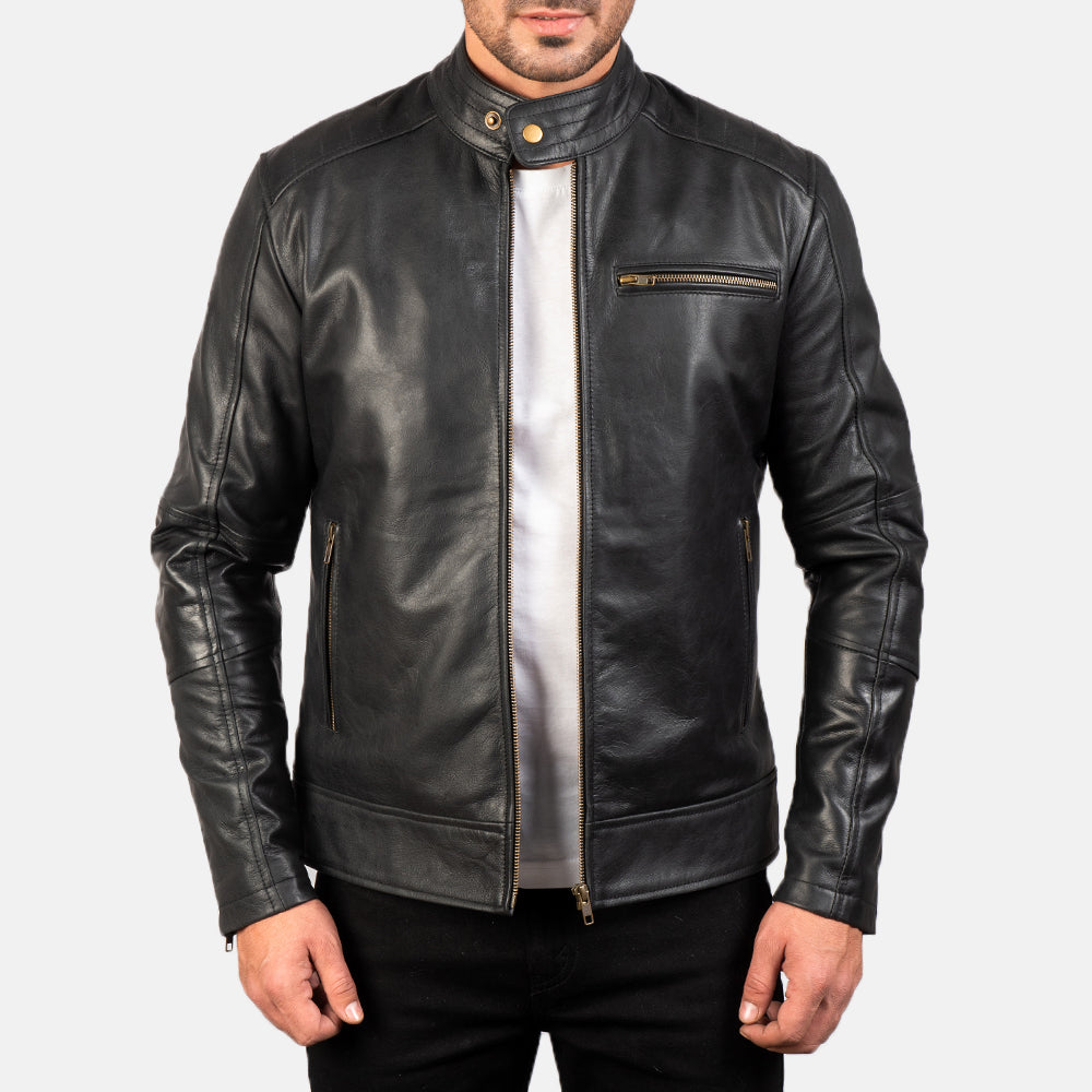 Dean Negro Chaqueta Biker de Cuero para Hombre in Black Cow Hide Leather - Vista frontal y silueta a medida | Comprar online