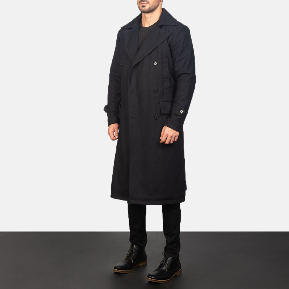 
Black Synthetic Wool Trench Coat - Vista posterior con hombros definidos y bajo impecable