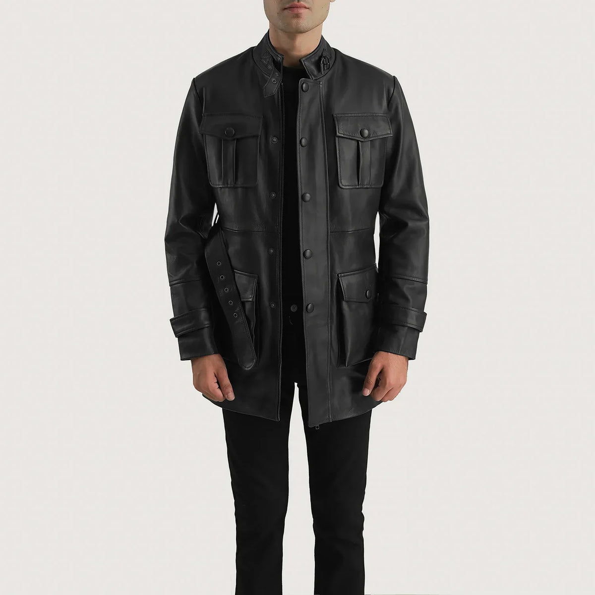 Dolf Negro Chaqueta de Cuero para Hombre in Black Cowhide Leather - Vista frontal y silueta a medida | Comprar online