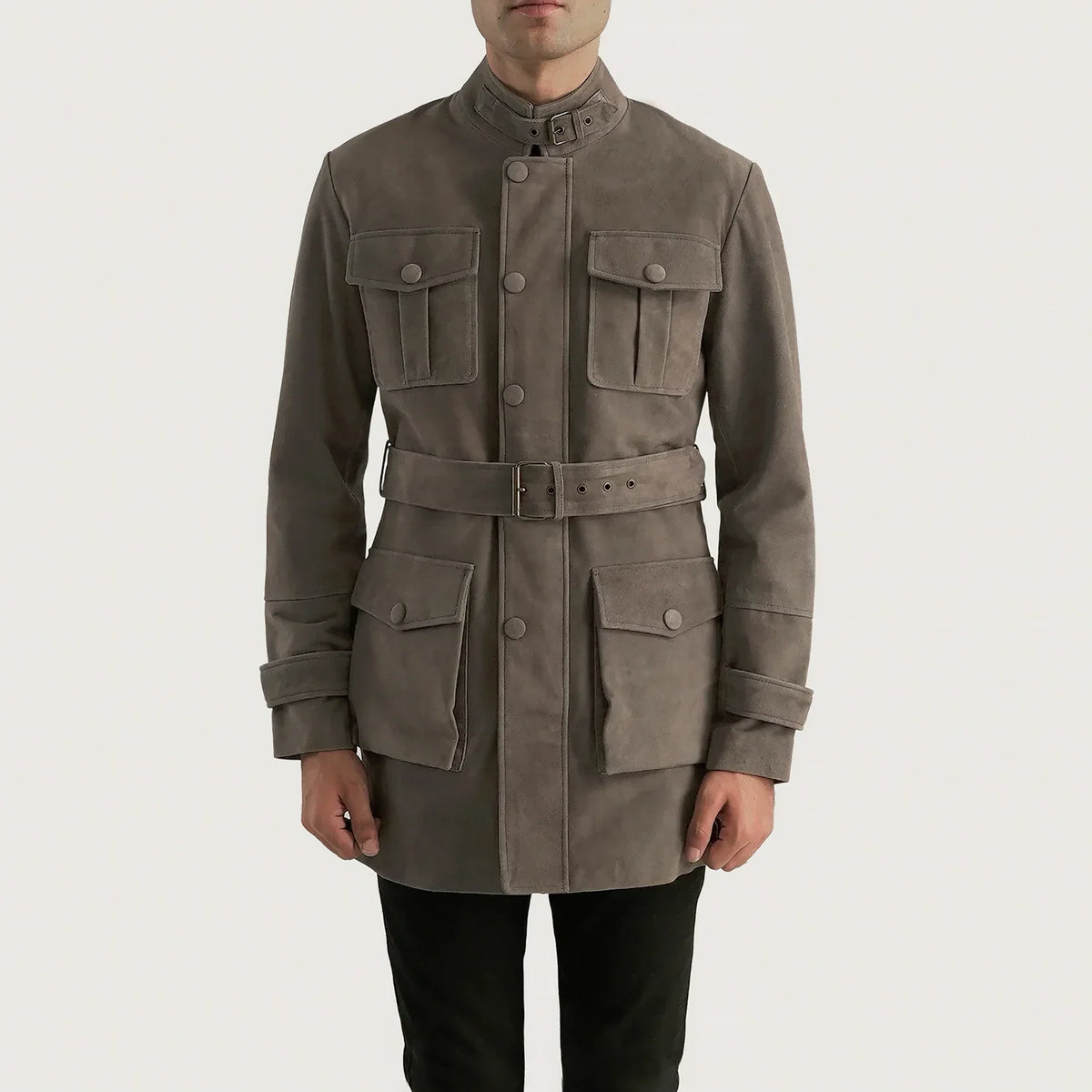Detalle de cerca of High neck with Belt &amp; Snap button Hardware on Dolf Gris Chaqueta de Gamuza para Hombre
