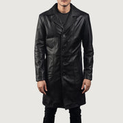 
Don Long Negro Abrigo de Cuero para Hombre - Vista lateral mostrando el corte ergonómico de mangas