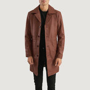 Don Long Marrón Abrigo de Cuero para Hombre in Brown Cowhide Leather - Vista frontal y silueta a medida | Comprar online