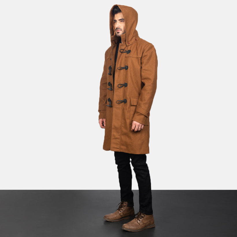 Drake Khaki Wool Hooded Duffle Abrigo de Cuero para Hombre