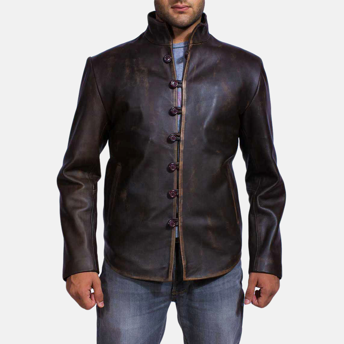 
Drakeshire Marrón Chaqueta de Cuero para Hombre in Distressed Brown Goatskin Leather - Vista frontal y silueta entallada | Comprar online