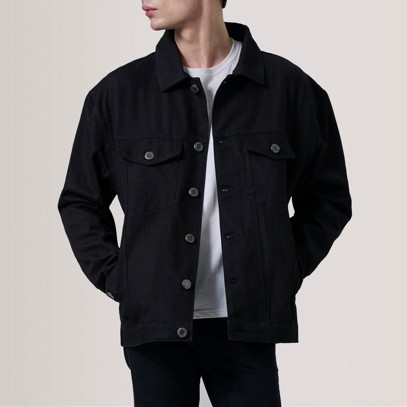 Eddie Negro Oversized Denim Trucker Chaqueta de Cuero para Hombre