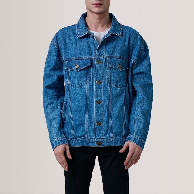 Eddie Dark Azul Oversized Denim Trucker Chaqueta de Cuero para Hombre
