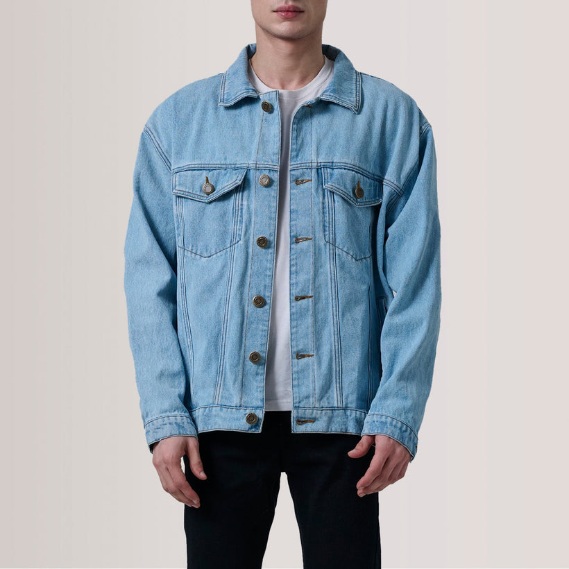 Eddie Light Azul Oversized Denim Trucker Chaqueta de Cuero para Hombre