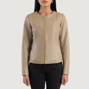 Detalle de cerca of Collarless &amp; Zipper Hardware on Elixir Beige Collarless Leather Jacket