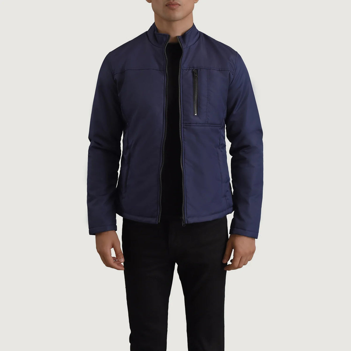 Elliot Blue Lightweight Jacket in Blue Full-Grain Leather - Vista frontal y silueta a medida | Comprar online