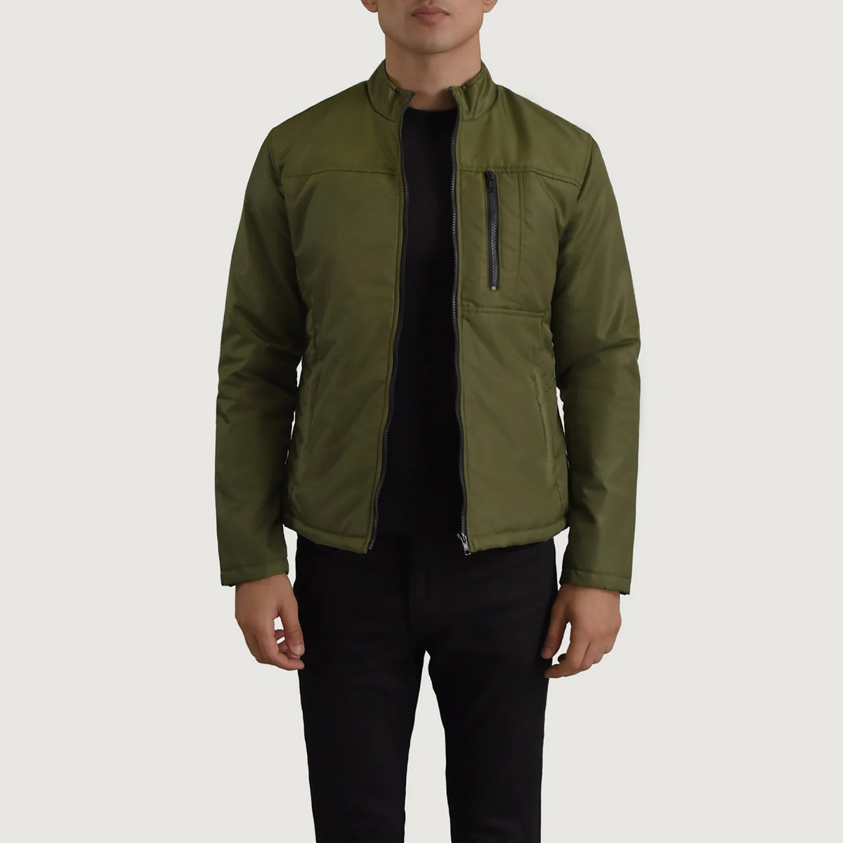Elliot Verde Lightweight Chaqueta de Cuero para Hombre in Green Full-Grain Leather - Vista frontal y silueta a medida | Comprar online