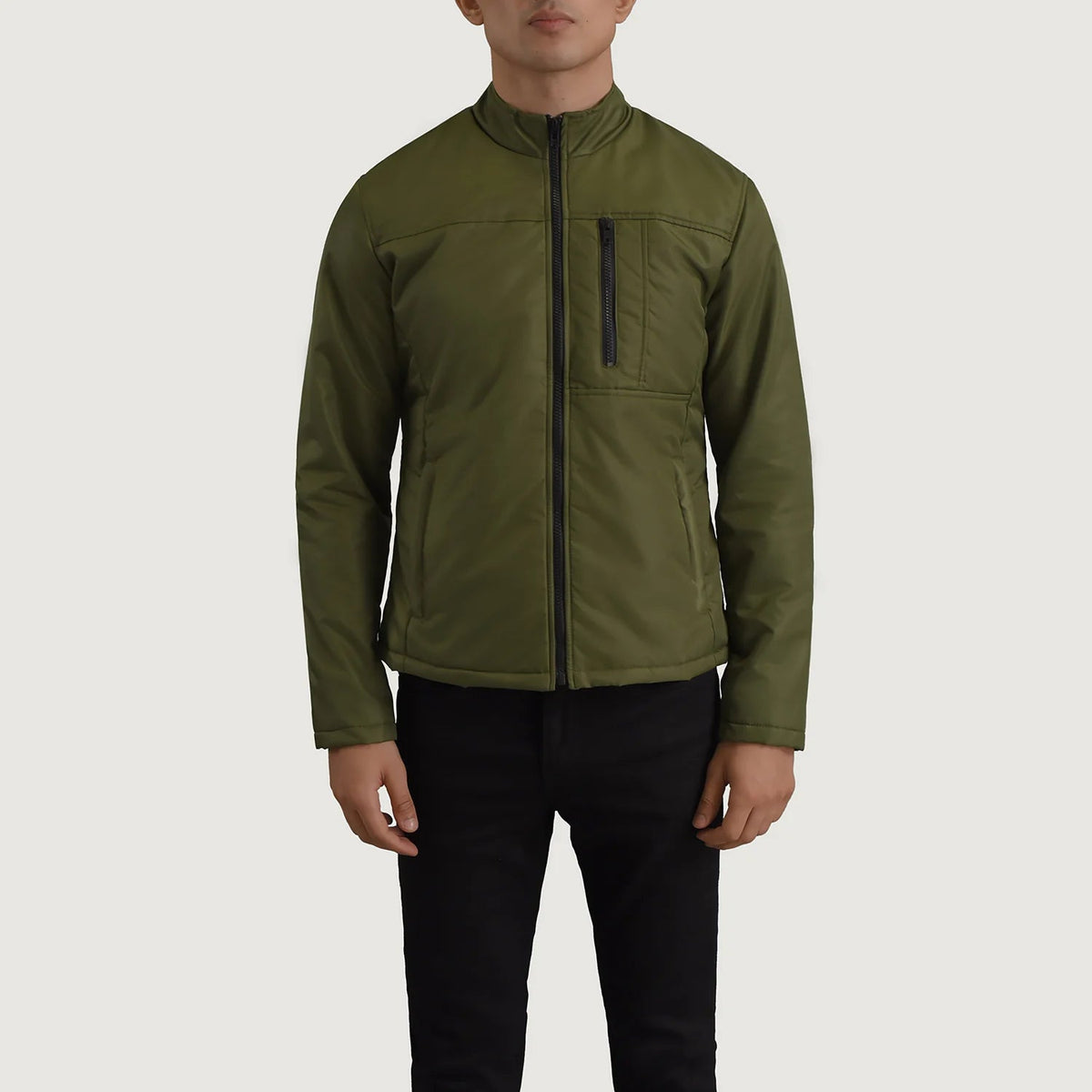 Detalle de cerca of Classic Collar &amp; Zipper Hardware on Elliot Verde Lightweight Chaqueta de Cuero para Hombre