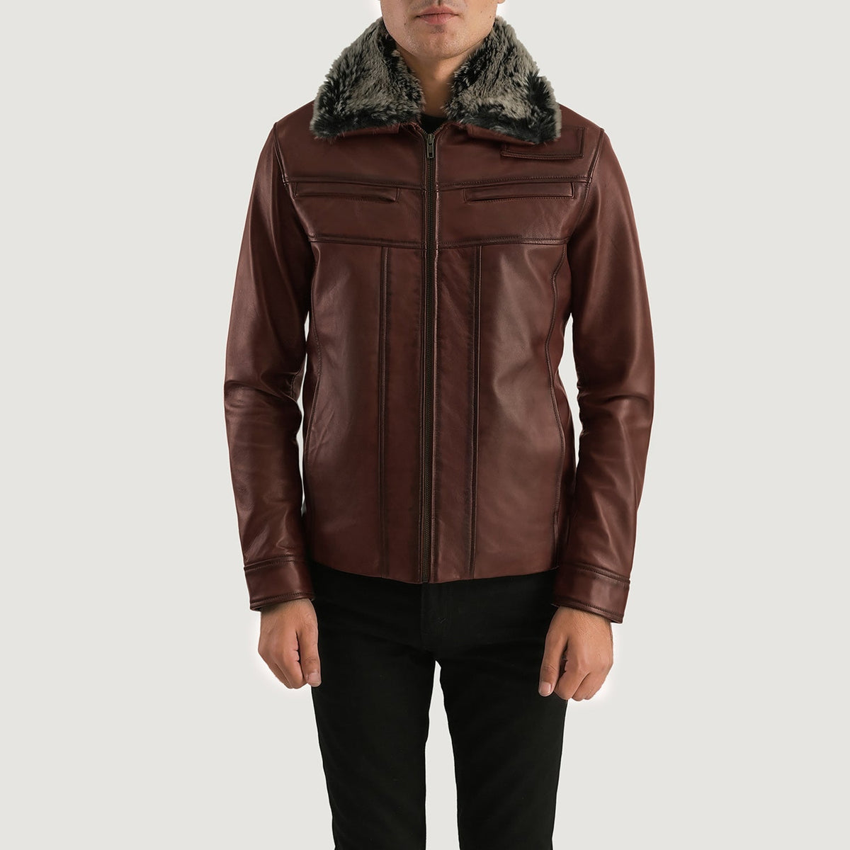 
Evan Hart Fur Marrón Chaqueta de Cuero para Hombre in Distressed Brown Sheepskin Burnishing - Vista frontal y silueta entallada | Comprar online