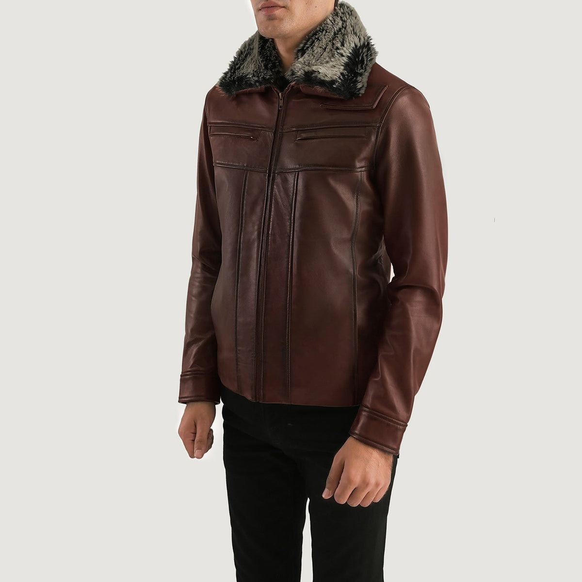 
Distressed Brown Sheepskin Burnishing Aviator Jacket - Vista posterior con hombros definidos y bajo impecable
