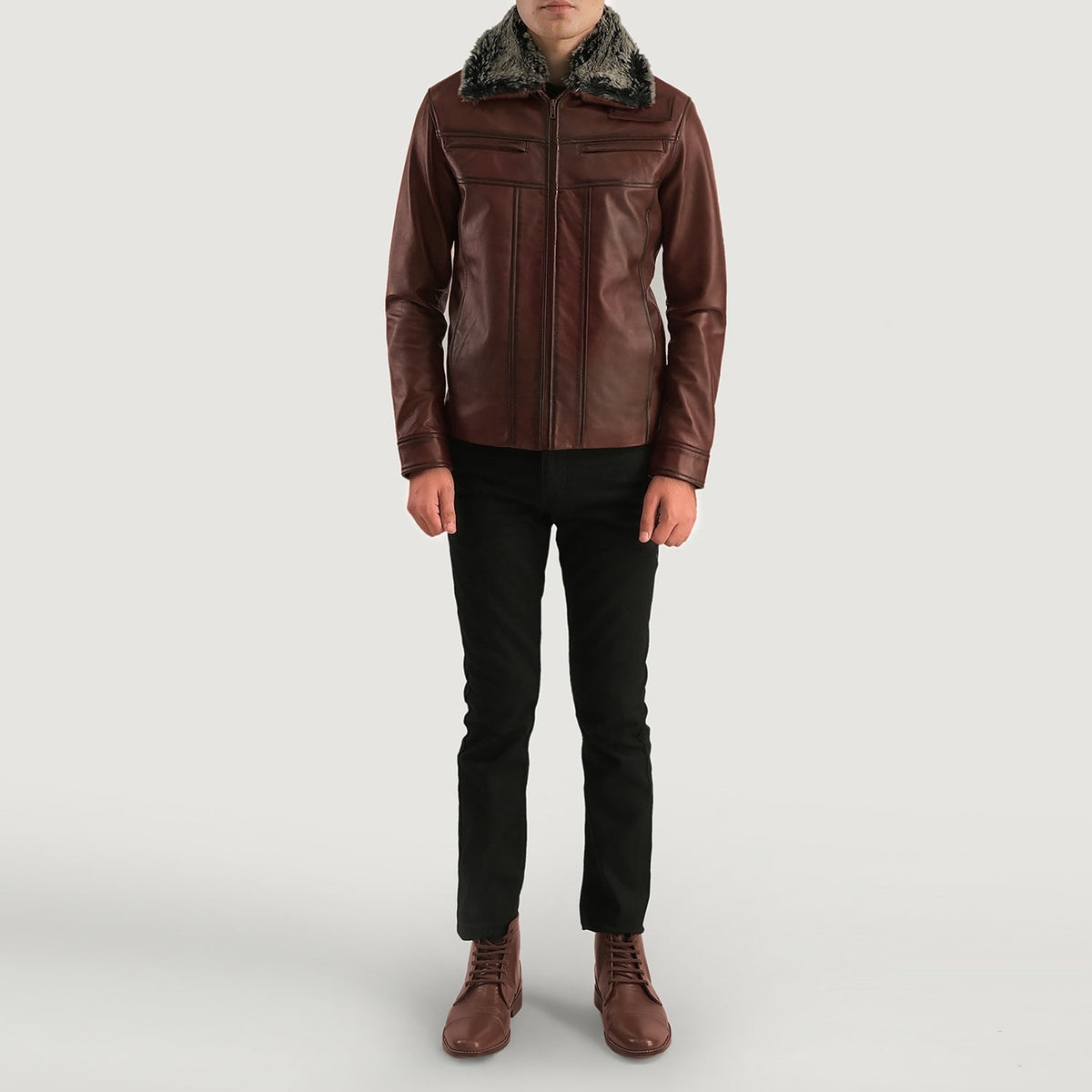 
Primer plano del cuello camisero y cremalleras de Evan Hart Fur Marrón Chaqueta de Cuero para Hombre