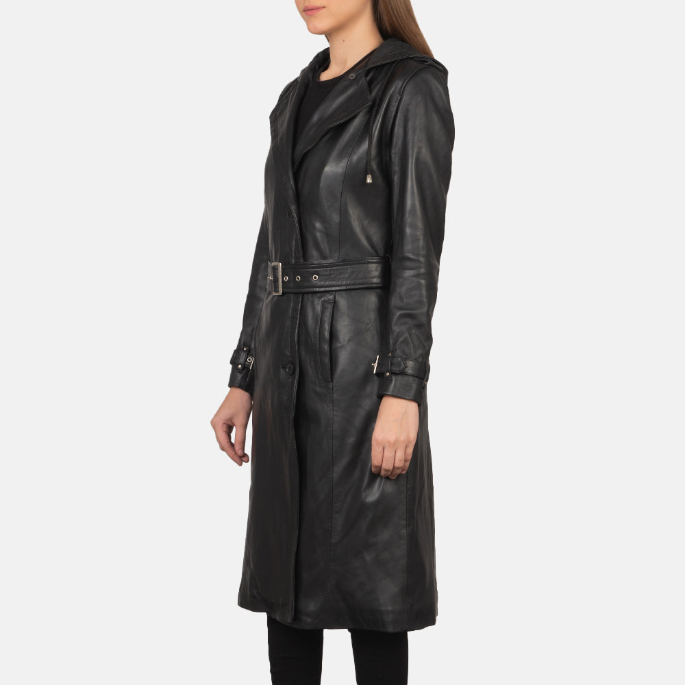 
Vista de detalle of Hooded & Button + Belt Hardware on Fixon Hooded Negro Gabardina Trench de Cuero para Mujer