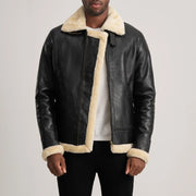 Men's Francis B-3 Black Leather Bomber Jacket in Black Sheepskin Leather - Vista frontal y silueta a medida | Comprar online