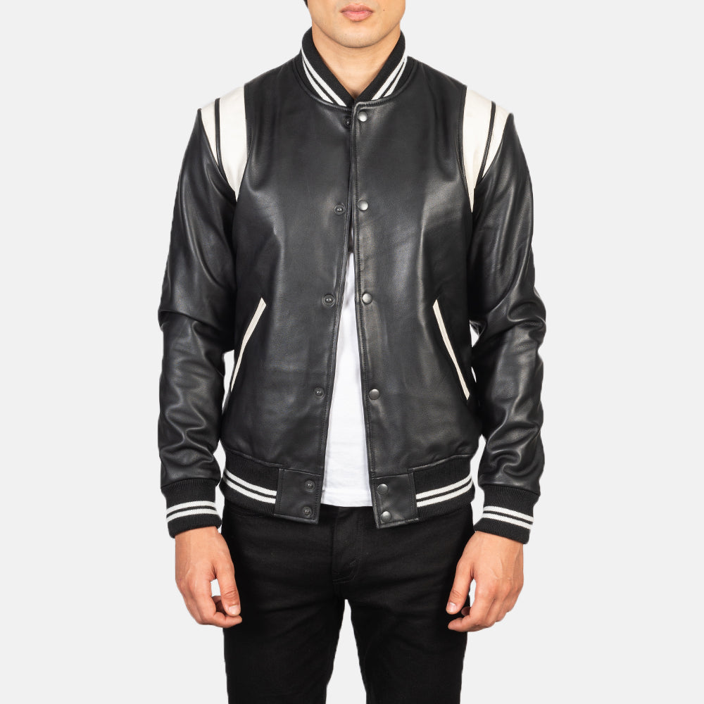 Men's Dantee Black Leather Varsity Jacket in Black &amp; White Sheepskin Leather - Vista frontal y silueta a medida | Comprar online