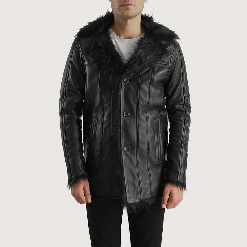 Furcliff Negro Abrigo de Cuero para Hombre