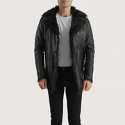 Men's Furcliff Negro Abrigo de Cuero para Hombre - Vista de perfil lateral con corte ergonómico de manga