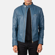 Men's Gatsby Quilted Blue Leather Biker Jacket in Blue Sheepskin Leather - Vista frontal y silueta a medida | Comprar online