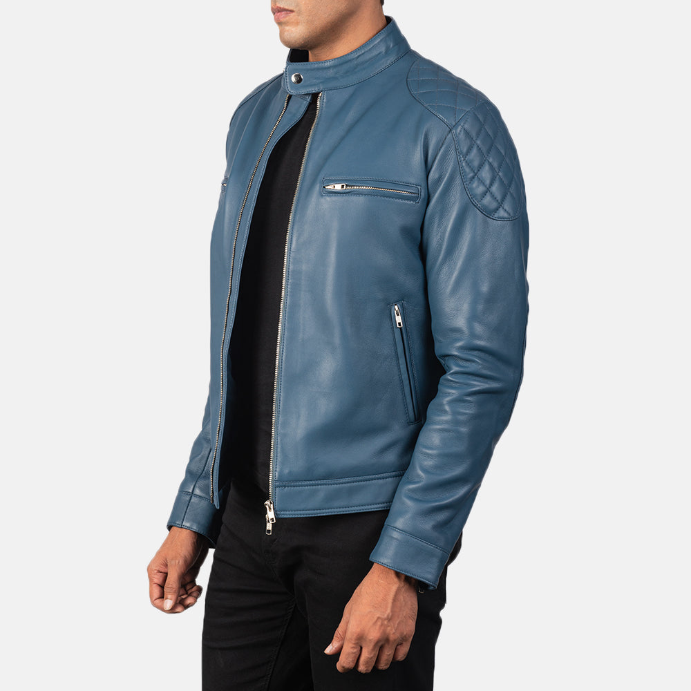 Blue Sheepskin Leather Biker Jacket - Vista trasera con ajuste entallado en hombros y bajo impecable