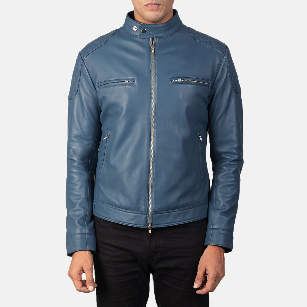 Detalle de cerca of Band with snap buttons &amp; Zipper Hardware on Men's Gatsby Quilted Blue Leather Biker Jacket
