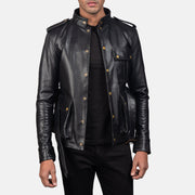 Germain Negro Chaqueta de Cuero para Hombre - Vista de perfil lateral con corte ergonómico de manga