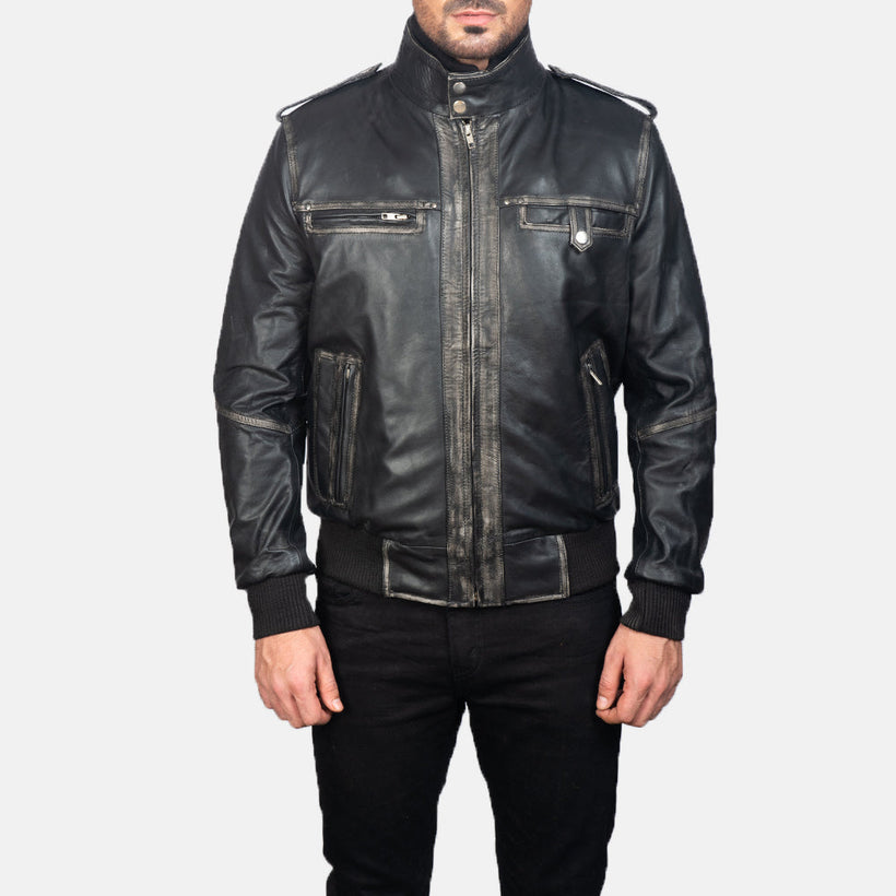 Glen Street Negro Cazadora Bomber de Cuero para Hombre