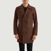 Men's Half Life Marrón Abrigo de Cuero para Hombre in Distressed Brown Cowhide Leather - Vista frontal y silueta a medida | Comprar online