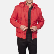 Men's Hanklin Ma-1 Red Hooded Bomber Jacket in Red Nylon - Vista frontal y silueta a medida | Comprar online