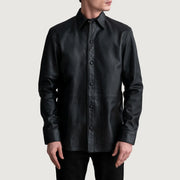 
Haven Black Leather Shirt - Vista lateral mostrando el corte ergonómico de mangas