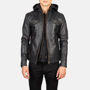 Men's Hector Negro Hooded Chaqueta Biker de Cuero para Hombre in Black Cowhide Leather - Vista frontal y silueta a medida | Comprar online