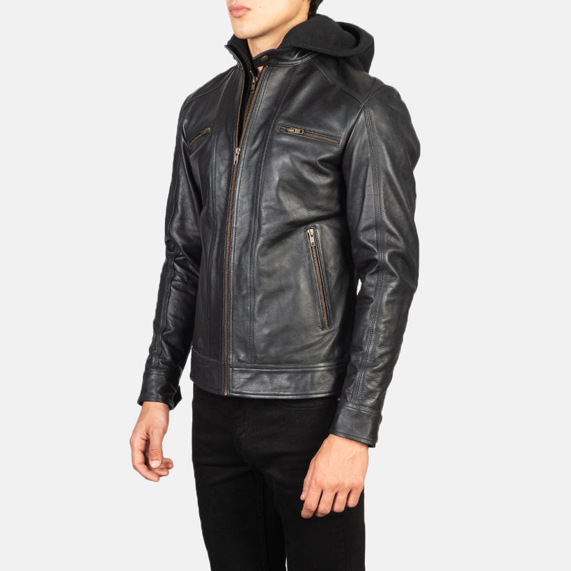 Hector Negro Hooded Chaqueta Biker de Cuero para Hombre