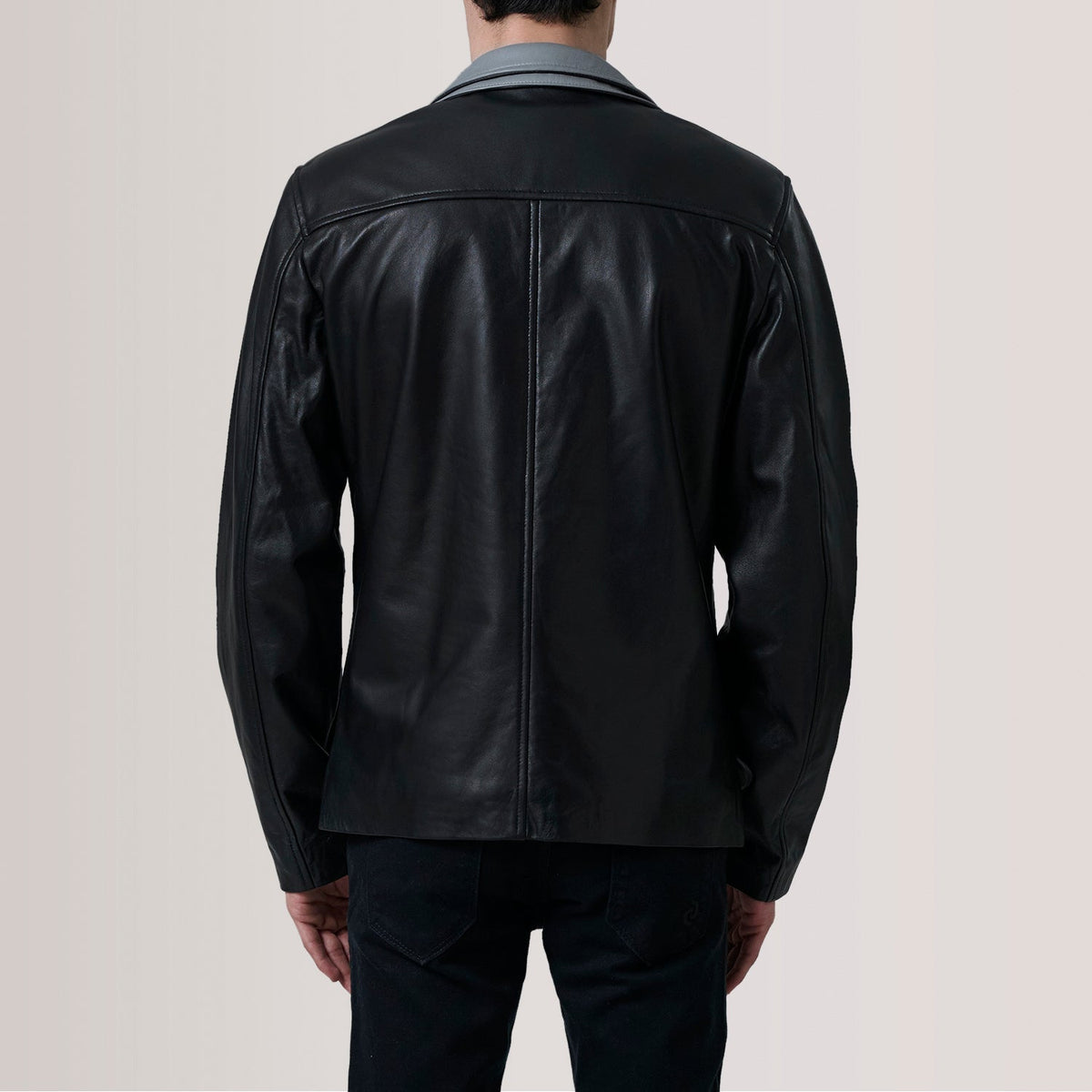 
Vista de detalle of Band Collar with Snap Button & Zipper with placket Hardware on Henrik Grey Suede Cafe Racer For Men