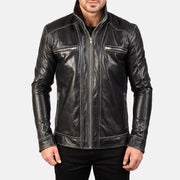 
Vista de detalle of High neck Band & Zipper Hardware on Hudson Black Leather Biker Jacket