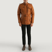 
Hunter Tostado Marrón Fur Chaqueta de Cuero para Hombre - Vista lateral mostrando el corte ergonómico de mangas