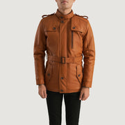 
Vista de detalle of Band (Buttoned) & Zipper with Button Flap Hardware on Hunter Tostado Marrón Fur Chaqueta de Cuero para Hombre