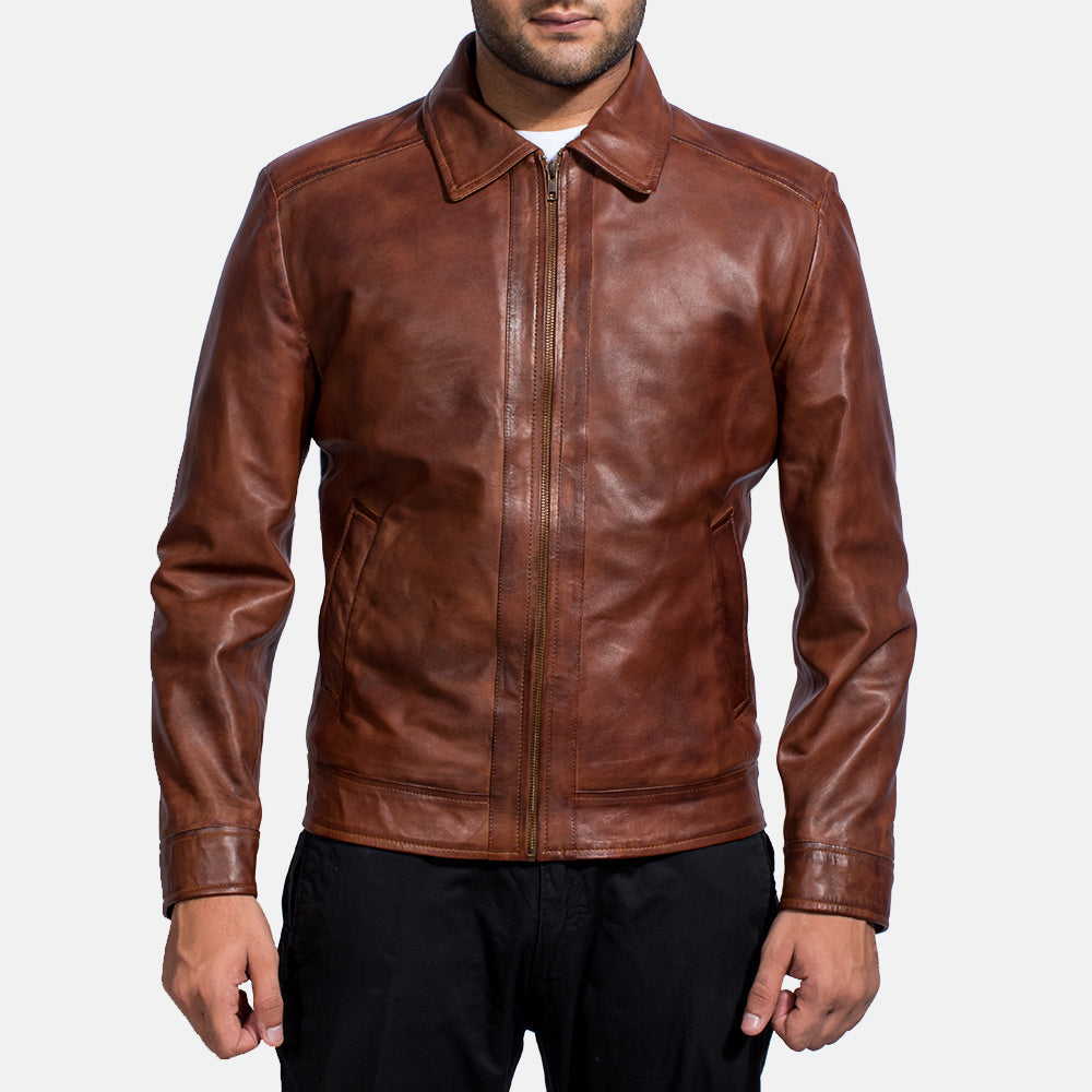 Open hem &amp; Hem Craftsmanship Construction Detail on Men's Inferno Marrón Chaqueta de Cuero para Hombre