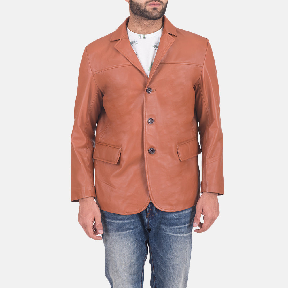 James Tostado Marrón Blazer de Cuero de Cuero para Hombre in Brown Sheepskin Leather - Vista frontal y silueta a medida | Comprar online
