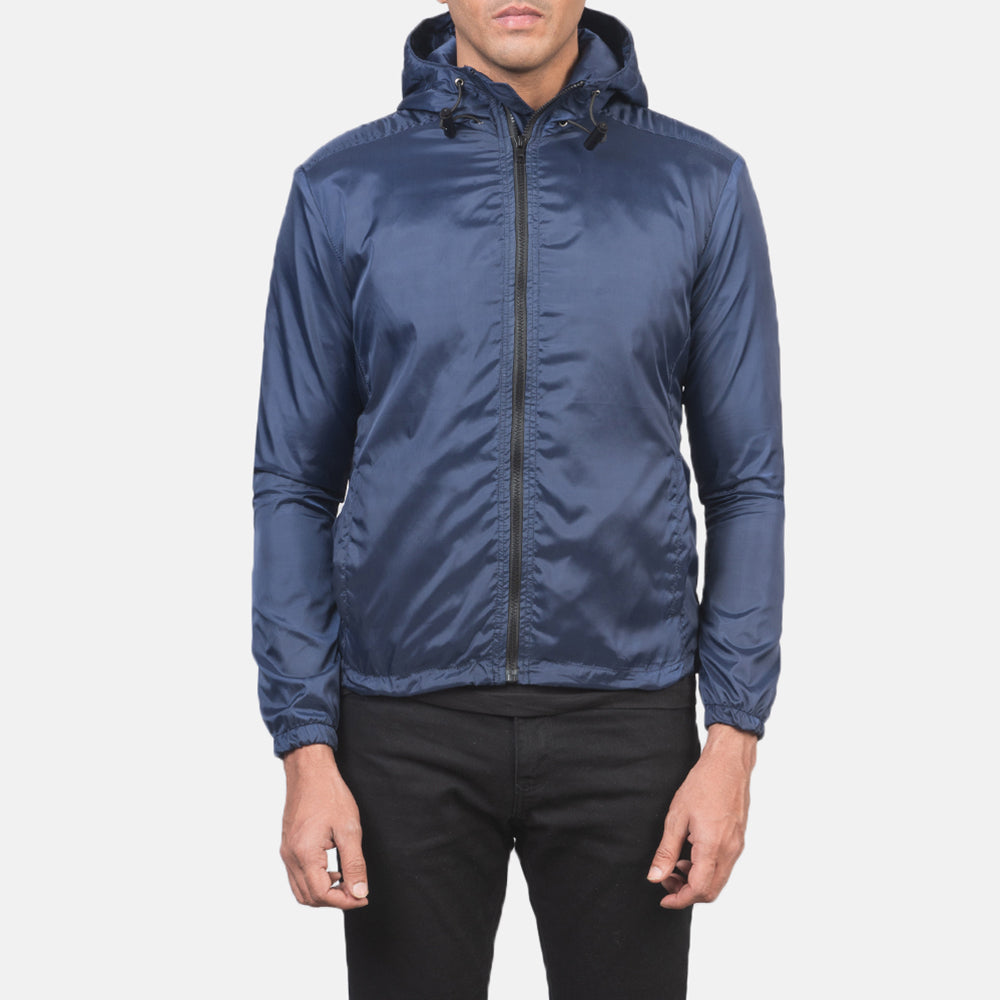 Jimmy Blue Hooded Windbreaker Jacket in Blue Nylon - Vista frontal y silueta entallada | Comprar online