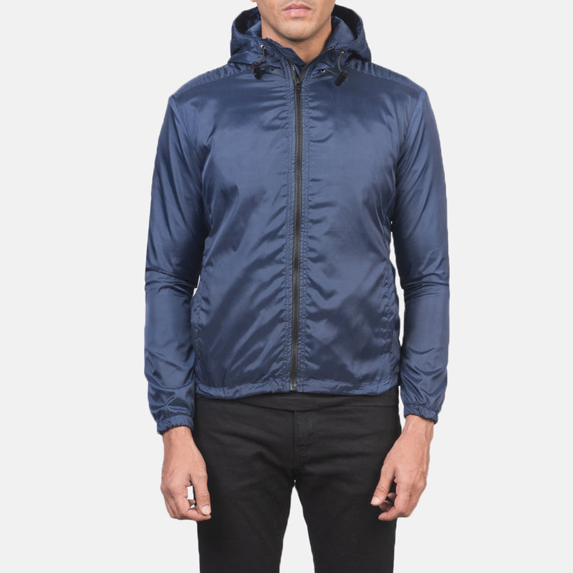 Jimmy Azul Hooded Windbreaker Chaqueta de Cuero para Hombre
