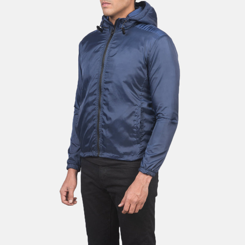 Jimmy Azul Hooded Windbreaker Chaqueta de Cuero para Hombre