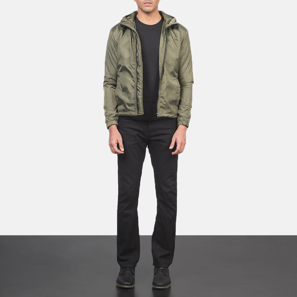 
Jimmy Verde Hooded Windbreaker Chaqueta de Cuero para Hombre - Vista lateral mostrando el corte ergonómico de mangas
