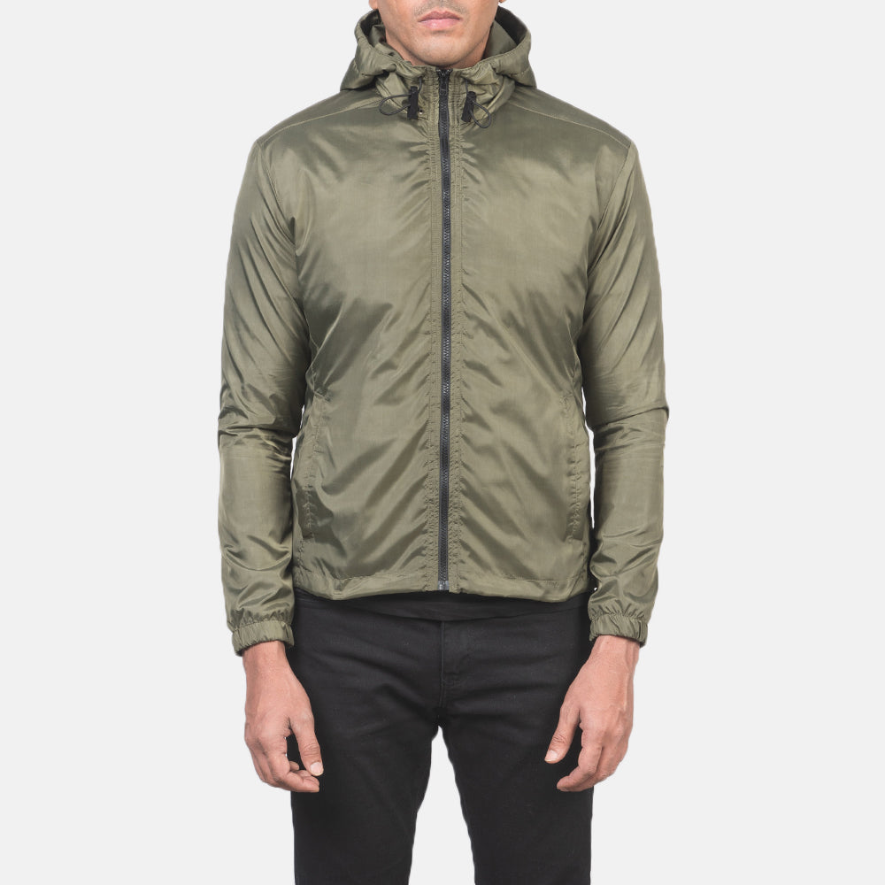 
Vista de detalle of High Neck with Hood & Zipper with wind flap Hardware on Jimmy Verde Hooded Windbreaker Chaqueta de Cuero para Hombre