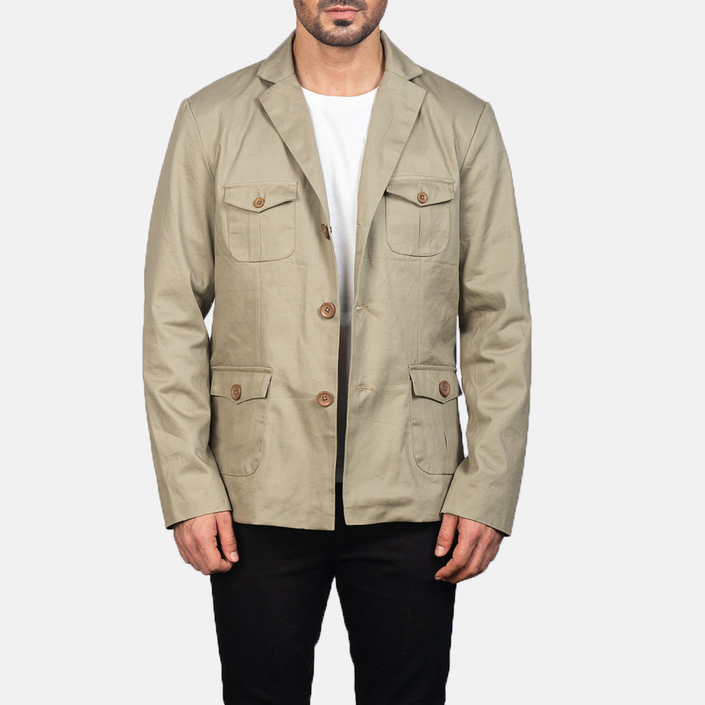 Kajetan Beige Safari Chaqueta de Cuero para Hombre in Beige Poly-Cotton - Vista frontal y silueta a medida | Comprar online