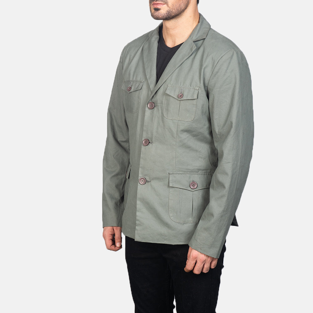 Grey Poly-Cotton Leather Blazer - Vista trasera con ajuste entallado en hombros y bajo impecable