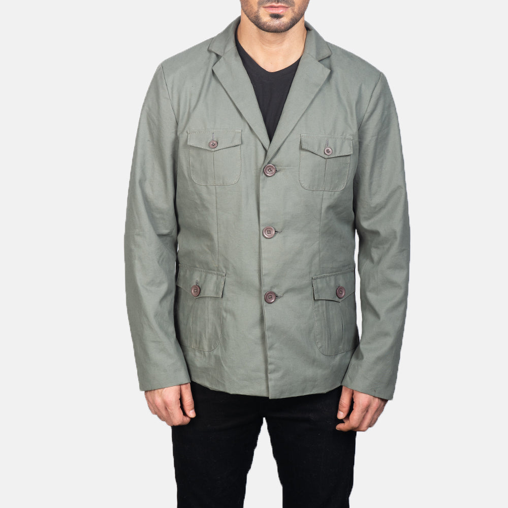 Detalle de cerca of Notch &amp; Button Hardware on Kajetan Gris Safari Chaqueta de Cuero para Hombre