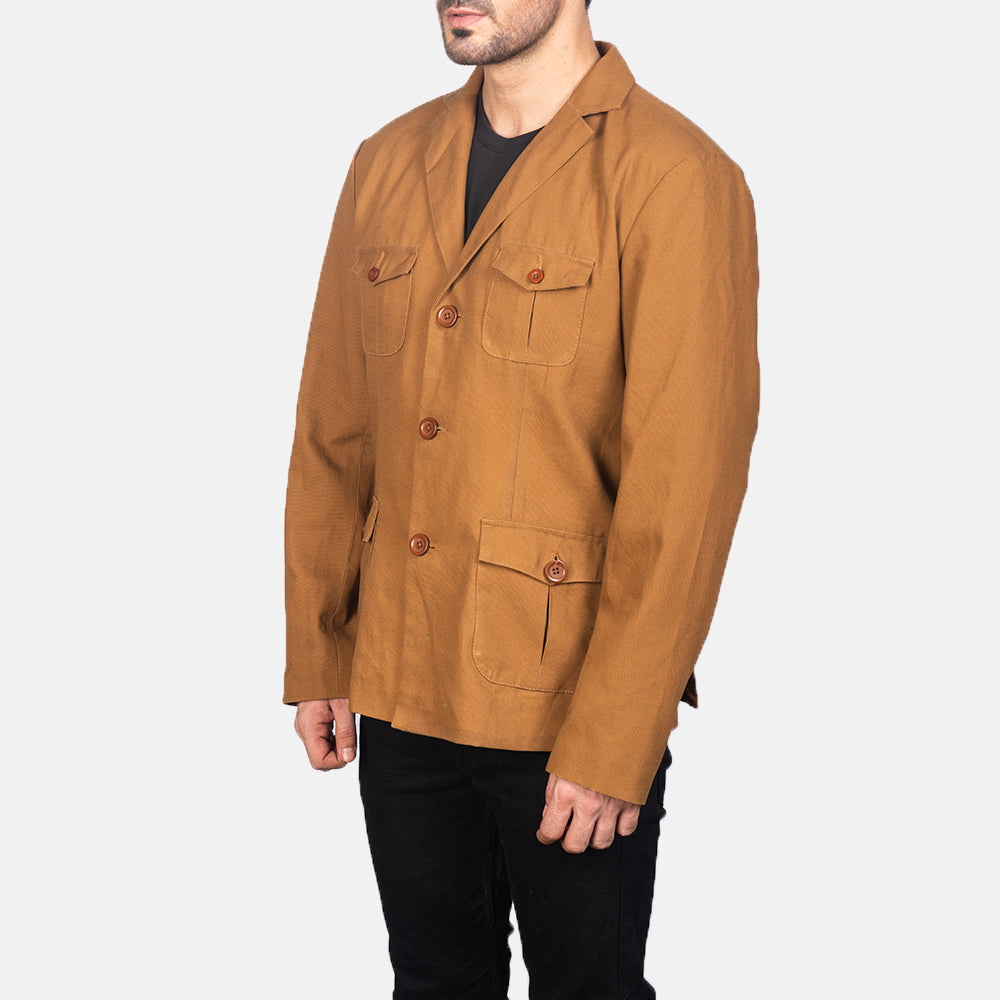 Khaki Poly-Cotton Leather Blazer - Vista trasera con ajuste entallado en hombros y bajo impecable