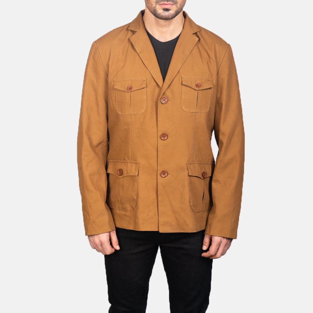 Detalle de cerca of Notch &amp; Button Hardware on Kajetan Khaki Safari Chaqueta de Cuero para Hombre
